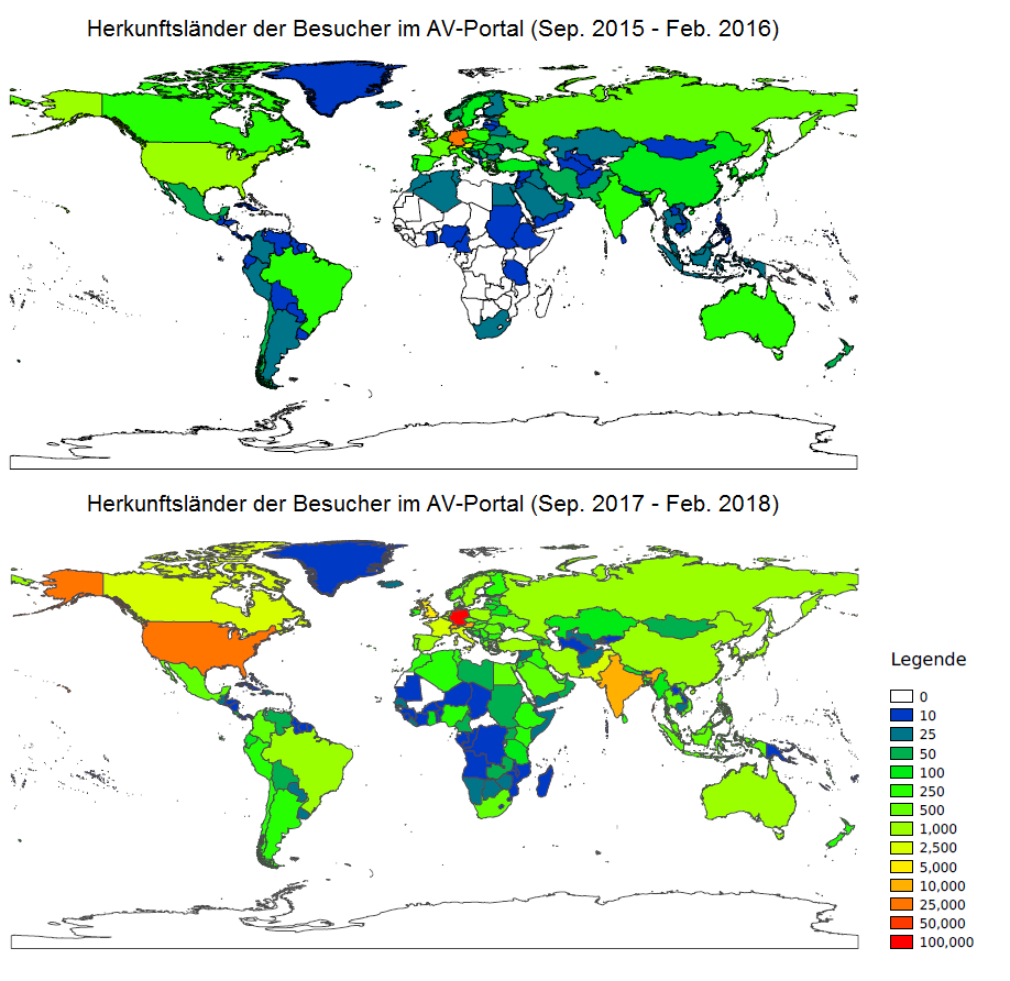 Zwei Weltkarten mit farbkodierten Benutzerzahlen pro Land. Die obere Weltkarte zeigt die Zahlen für den Zeitraum Sep.15-Feb.16, die untere für Sep.17-Feb.18. 