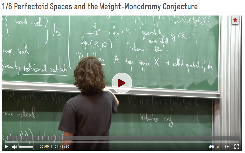 Scholze, Peter: (2018) 1/6 Perfectoid Spaces and the Weight-Monodromy Conjecture, Folge 1, Cours d'arithmétique et de géométrie alébrique: Perfectoid Spaces and the Weight-Monodromy Conjecture. https://doi.org/10.5446/36450