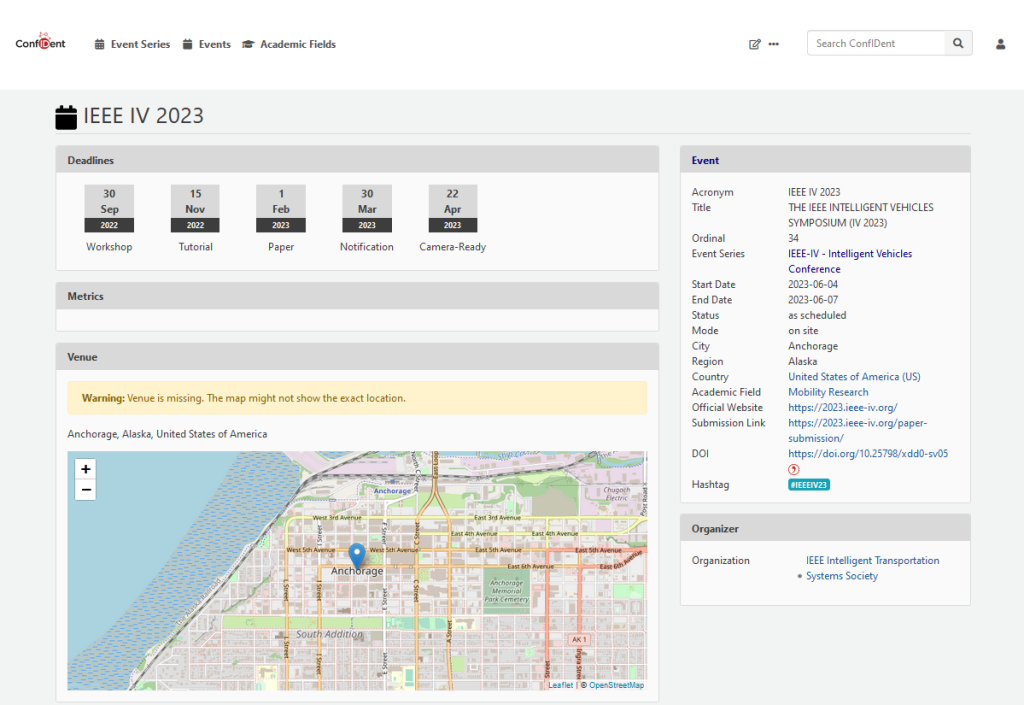 Screenshot of event entry with metadata, calendar function and map in ConfIDent.